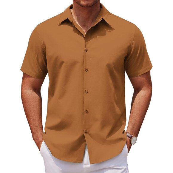 Light Brown Men Short Sleeve Button Down Untucked Wrinkle Free Dress Shirt - Picture 1 of 6